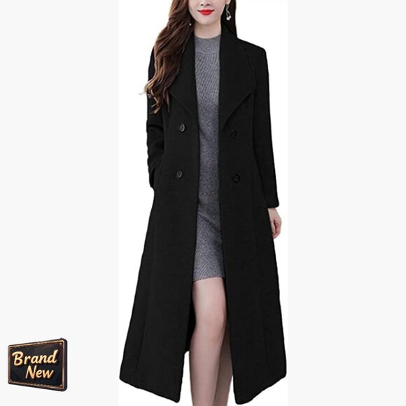 Jackets & Blazers - Wool Blend Trench Coat Shawl Collar Double Breasted Maxi Long Pea Coat
